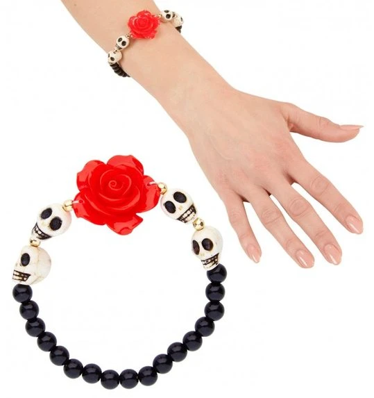 Parel Armband Met Rode Roos En Schedels 1 Parel Armband Met Rode Roos En Schedels