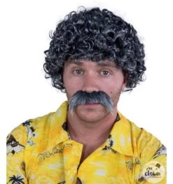 Grijze Krullen Pruik Met Snor